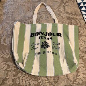 Sézane Bonjour Texas Green and White Striped Tote Bag